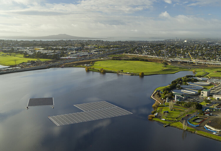 Aerial photo of Rosedale's floating solar array